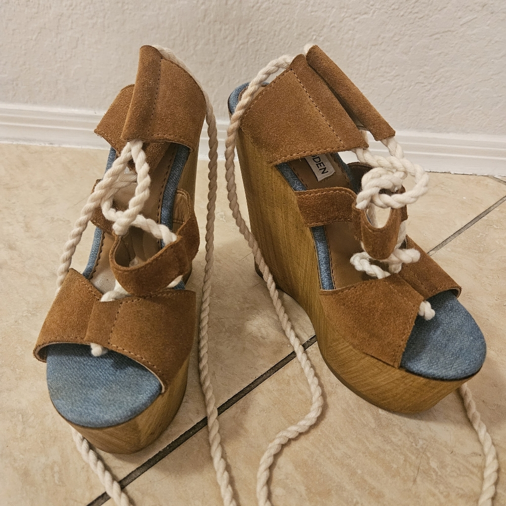Steve Madden Women's Sailboat platform wedge Blue Brown shoes rope laces…